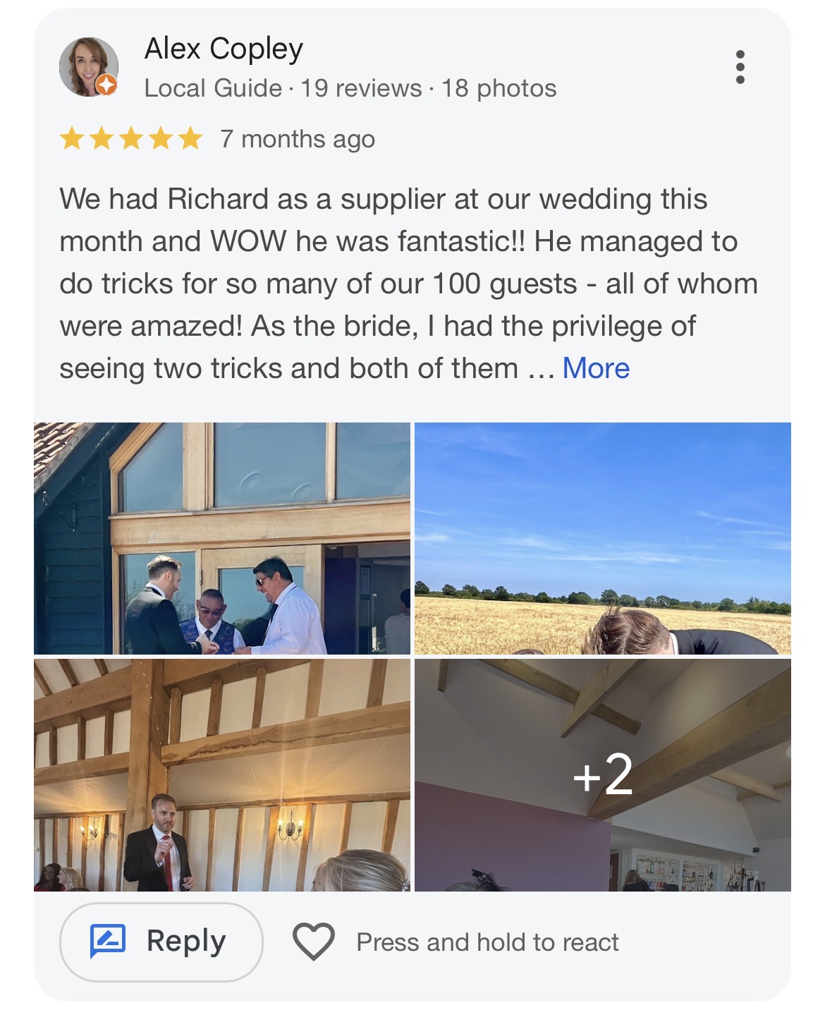 Professional magician wedding performance five star review