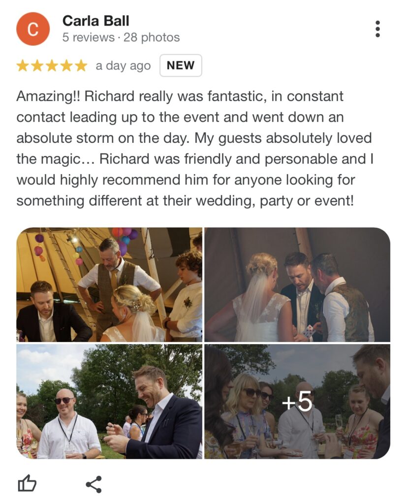 5 star review highlighting professional wedding magician service