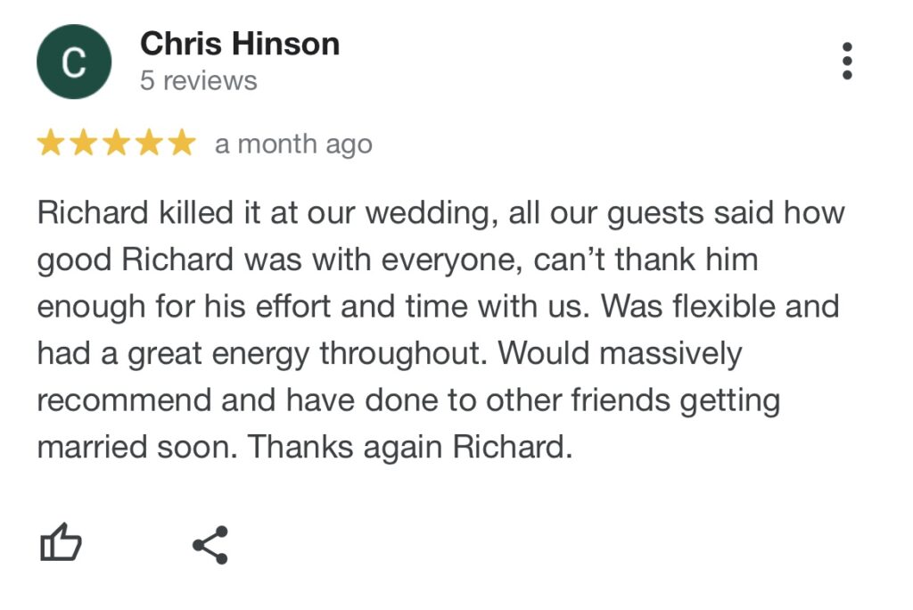 Screenshot of a 5 star google review for Richard at a wedding