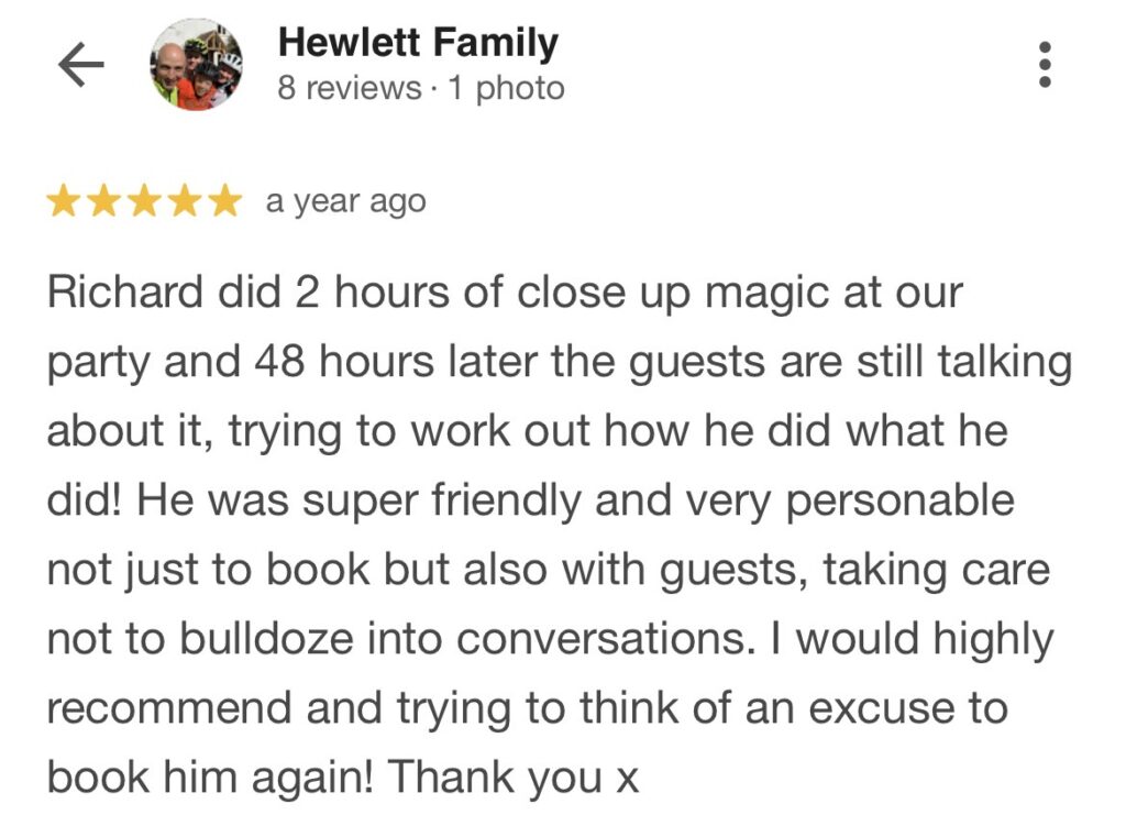 5 Star google review screenshot with kind words mentioning people talking about it long after the event.