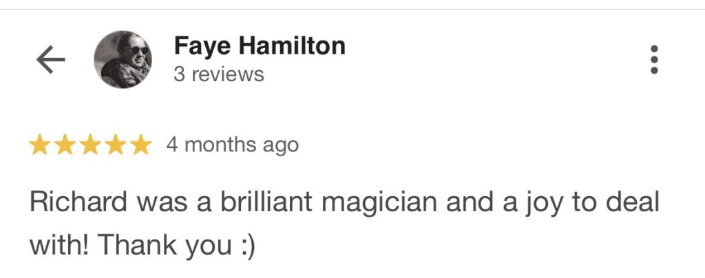 Adult birthday celebration magician recommendation from organiser