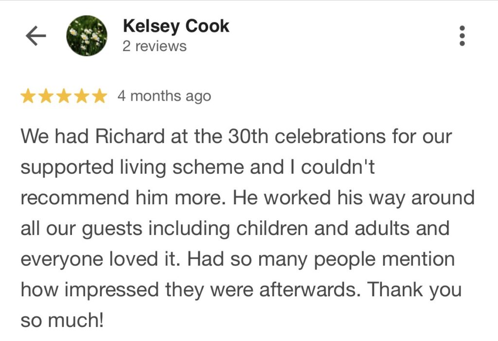 Milestone celebration entertainment testimonial for close up magician