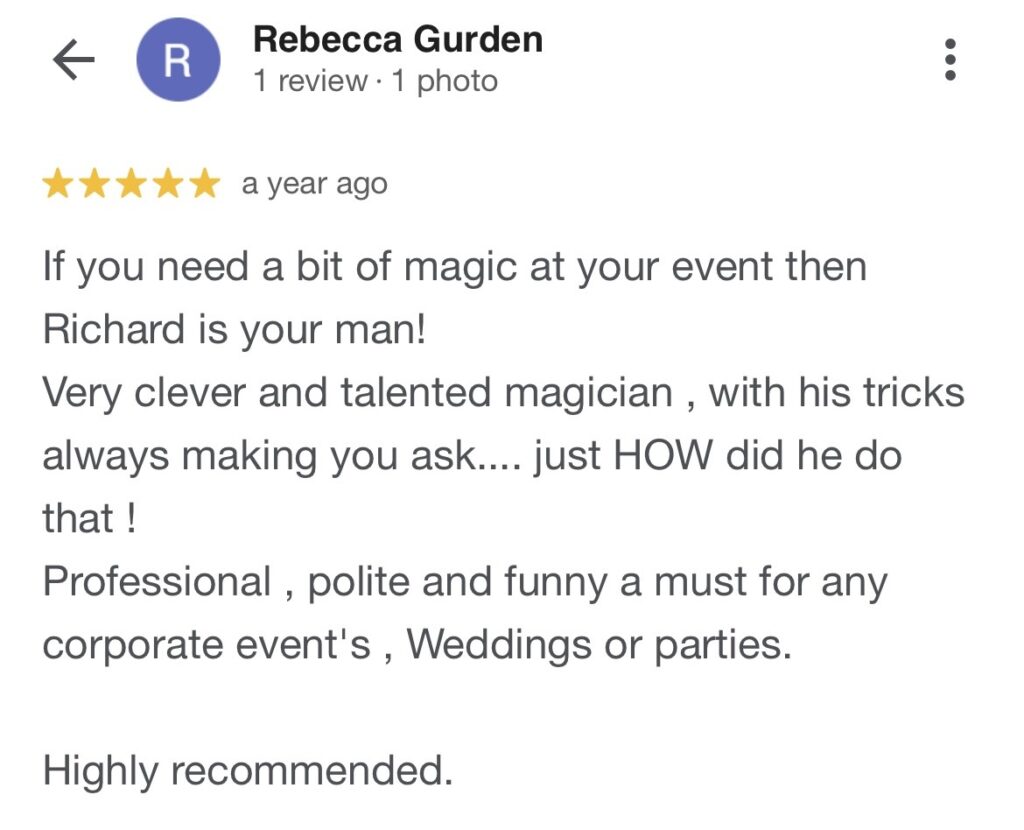 Screenshot of a five-star review for summer party magician Richard Symes
