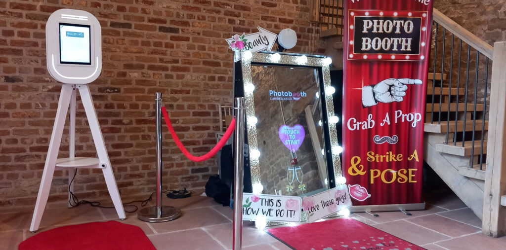 Photobooth, magic mirror, and photo pod all set up for a Christmas party