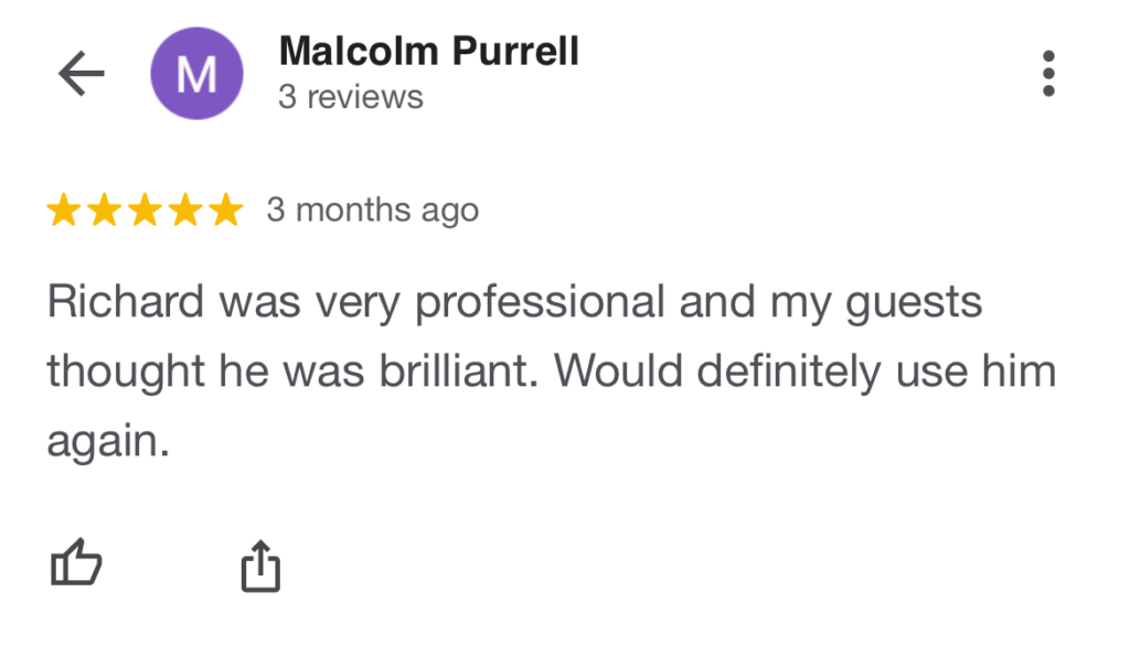 Screenshot of a positive review for summer party magician Richard Symes