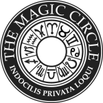 The magic circle logo and badge. Black ring that says 'The Magic Circle' and 'Indocilis Privata Loqui'